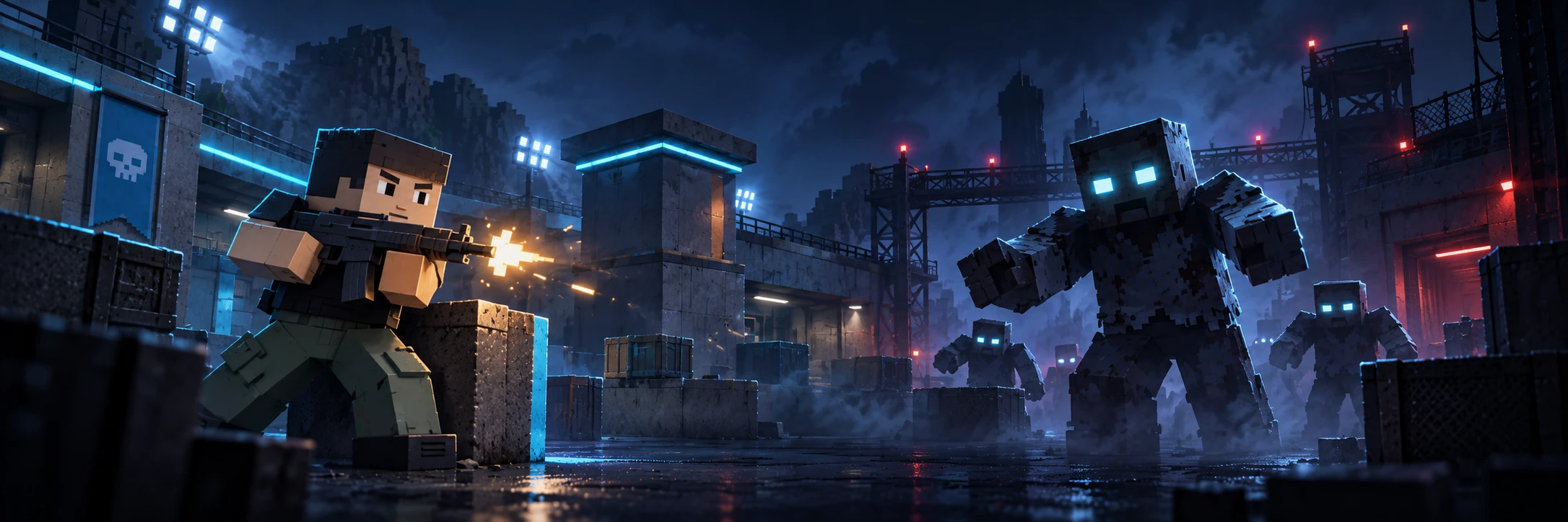 HYPED campaign artwork: competitive arena combat and a zombie horde, lit in electric cyan and deep navy