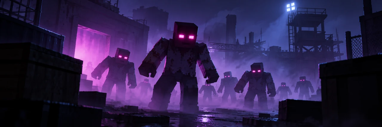 Blocky zombies with glowing violet eyes advancing through an industrial compound
