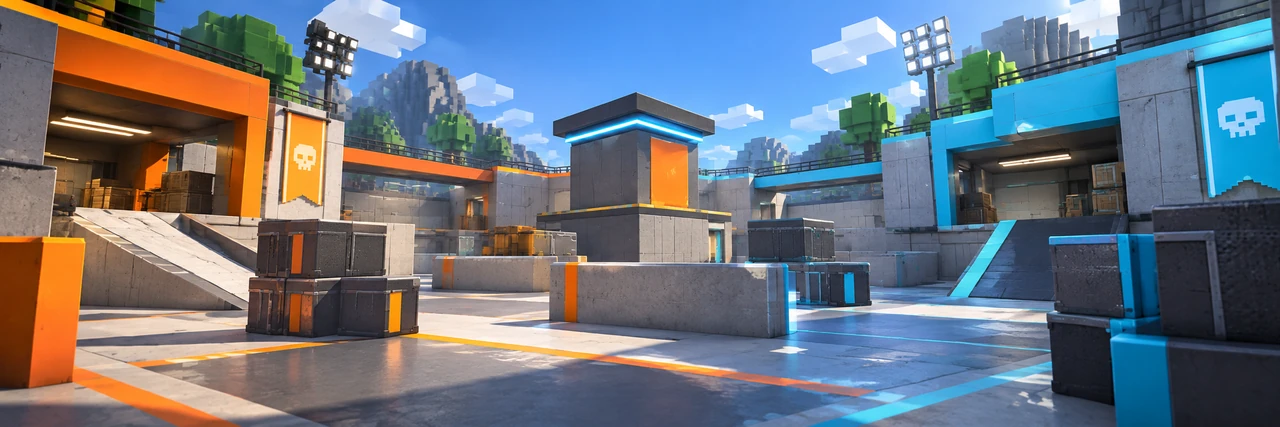 Orange and cyan HYPED arena with elevated routes and industrial cover