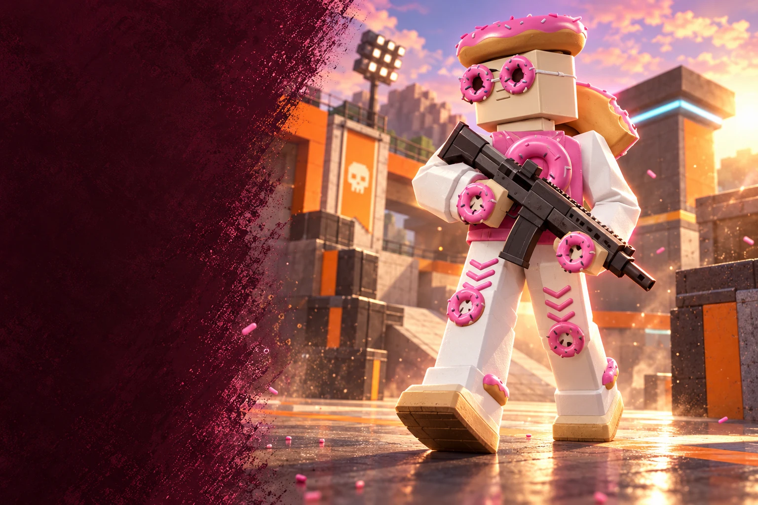 HYPED fighter in the Sugar Riot collection: frosted donut halo, pink donut shades, strawberry bomber and a bitten-donut backpack